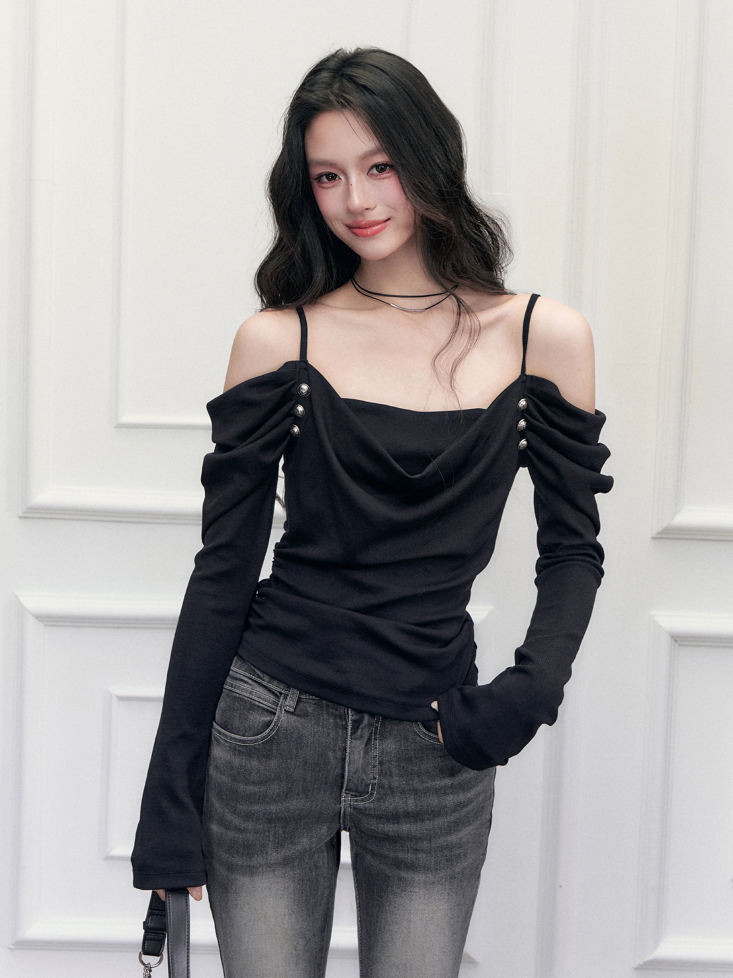 Fragile Heart Vintage Napoleon One Shoulder T-Shirt Fake Two-Piece Top Women's Fashion Autumn Long Sleeve Breathable Cotton B...