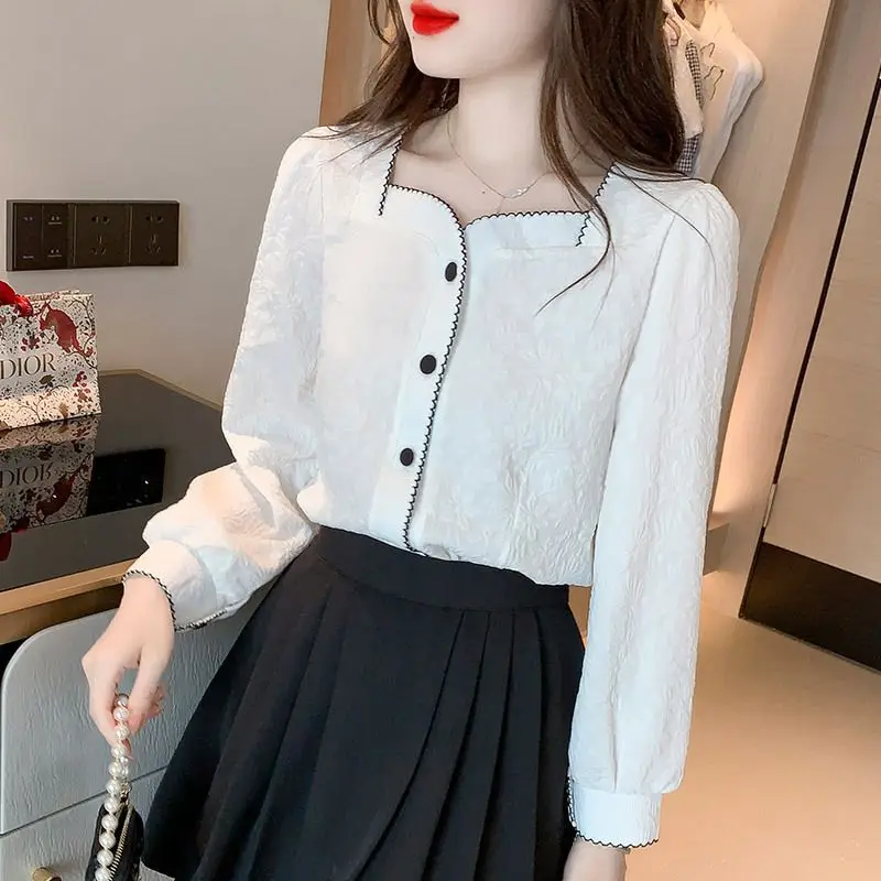 Casual Chic Square Collar Long Sleeved Shirt for Women's Spring Autumn New 2024 Western Style Temperament Elegant Trendy Top