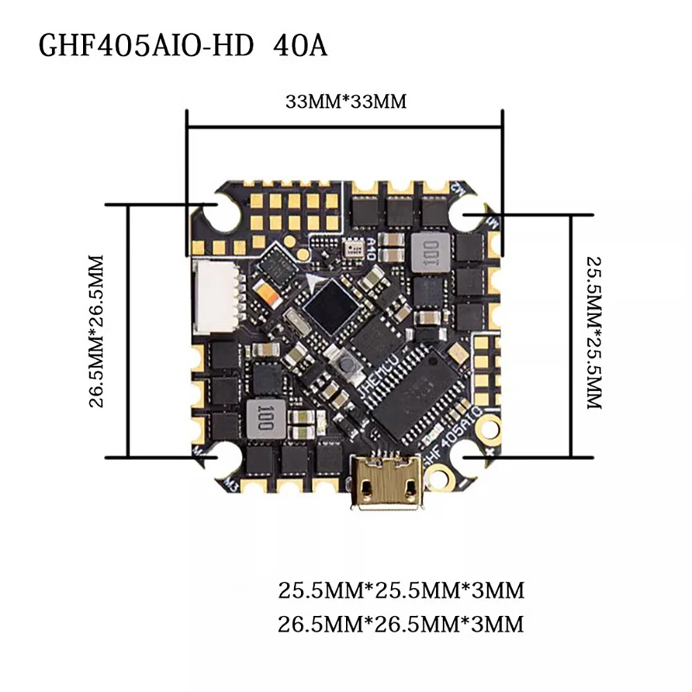 JHEMCU GHF405AIO-HD 40A AIO Controlador de vôo F405 F4 Build-in OSD Blheli-S ESC 2-6S Lipo para RC FPV Palito de dente Drone de corrida