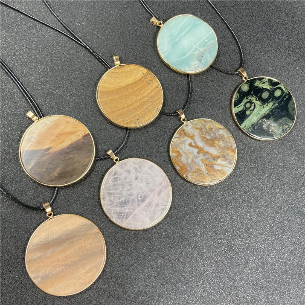 Natural Stone Pendant Round Flake Shape Wrapped Edge Tianhe Stone Pendant for Handmade Jewelry Making DIY Necklace Accessories