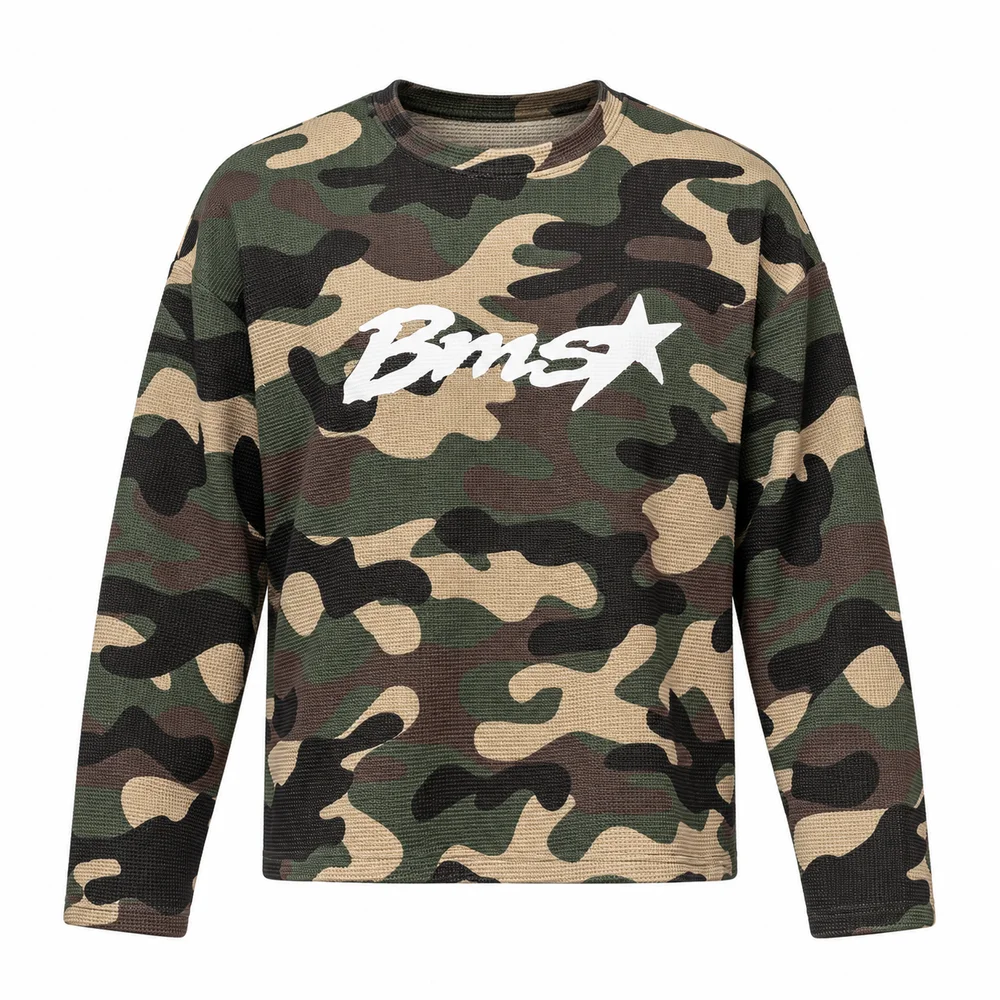 Unisex Camouflage Crew Neck Long Sleeve Top Relaxed Fit Streetwear T-Shirt