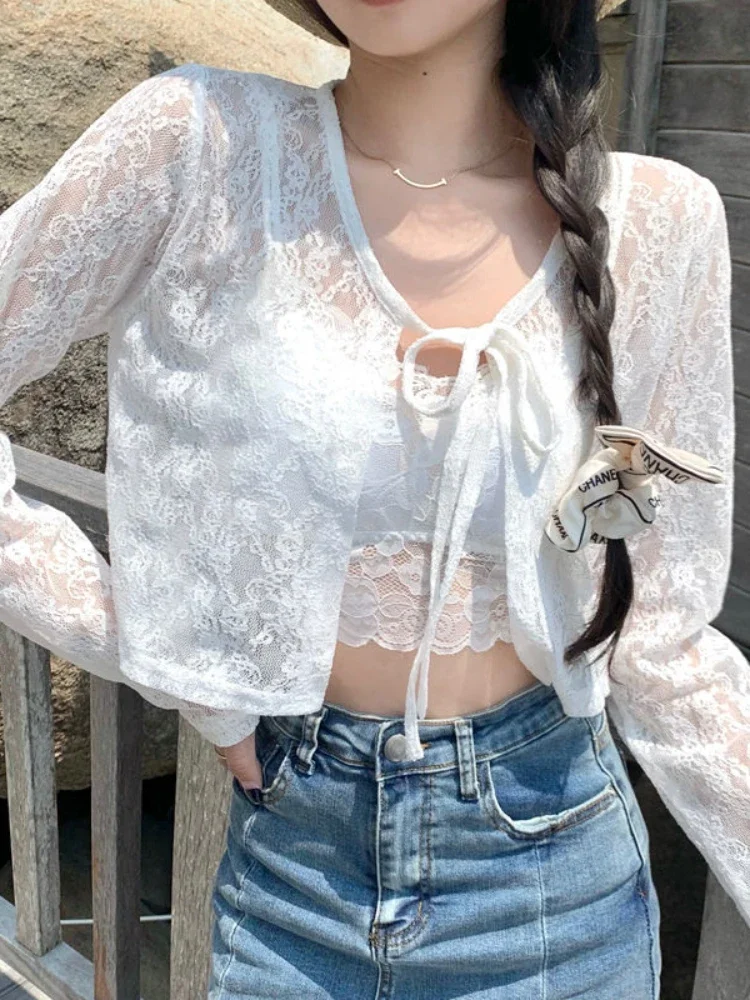 

White Lace Hollow Cardigan Women Summer New Thin Long Sleeve Jacket Lace-up Cropped Tops Woman