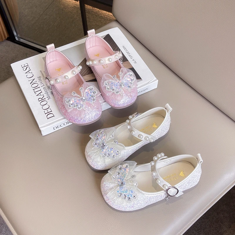 Kids'Casual Shoes PU Leather Solid Color Bow Pearl Sequin Spring Shoes For Girls Anti-slip Breathable White Pink Size 23-36