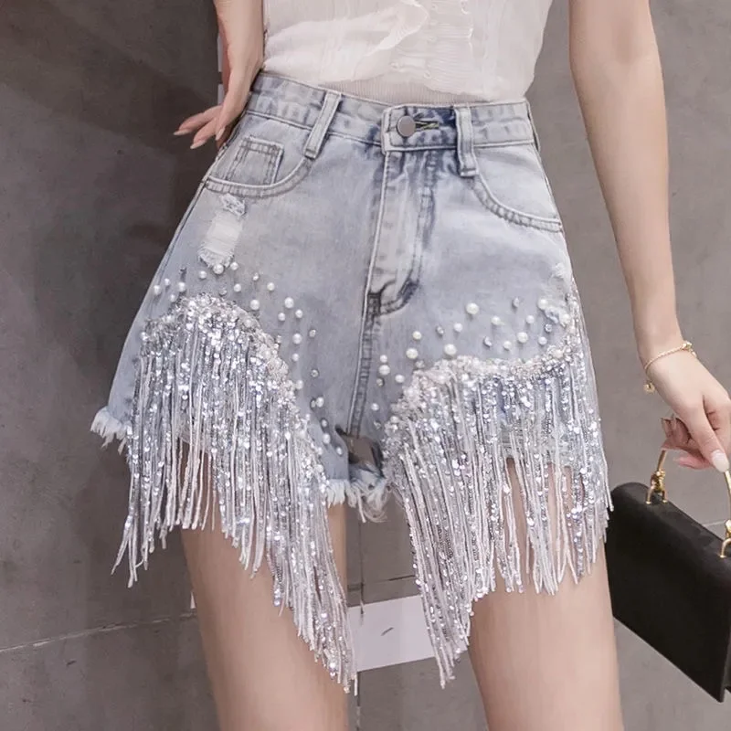 

Summer New Shiny Pants Female Online Celebrity With High Waist Diamond Heavy Industry Tassel Denim Shorts Female Wide-Leg Pants
