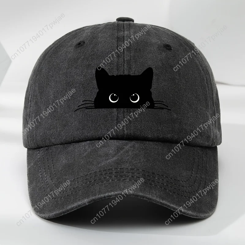 黒猫の頭がプリントされたアウトドアメンズウォッシュドベースボールキャップ、スポーツやレジャー用のヴィンテージスタイルのダックビルキャップ。