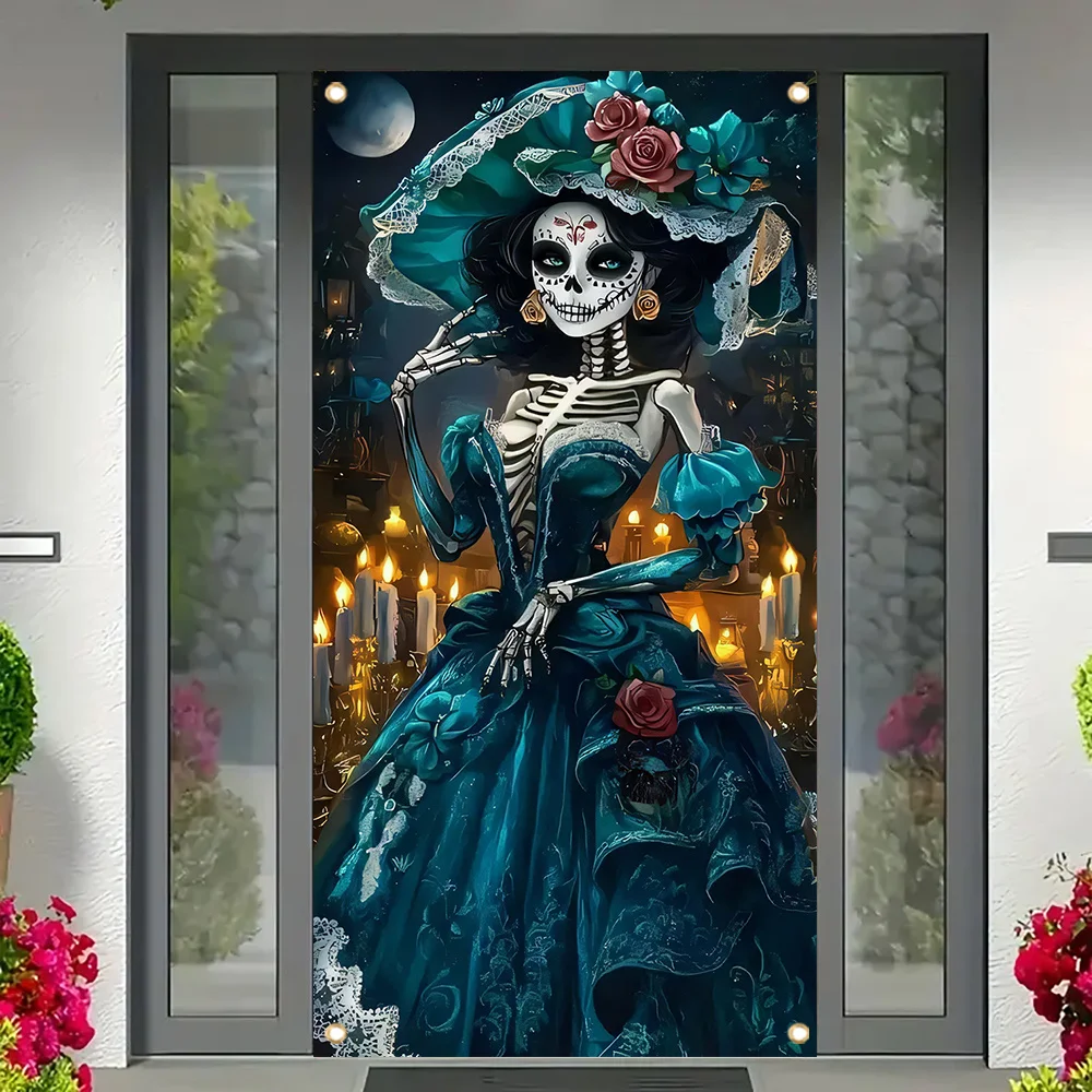 ستارة باب ثنائية الأبعاد ليوم الموتى المكسيكي: ديكور للسيدات من La Katrina Skeleton - فستان فيروزي، وردي ودانتيل