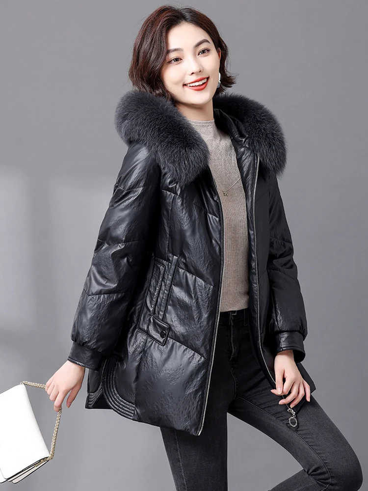   Cappotto in Vera Pelle di Pecora con Piumino Bianco da Donna Ning, Lunghezza Media, con Cappuccio, Vestibilità Ampia, Nuovo 2025