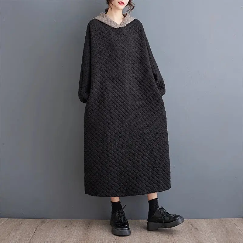 Large Size Women\'s Warm Dress 2023 Autumn/Winter New Fashion Cotton Quilted Sweatshirt Casual Hooded Dress Pullover Robe Z3690