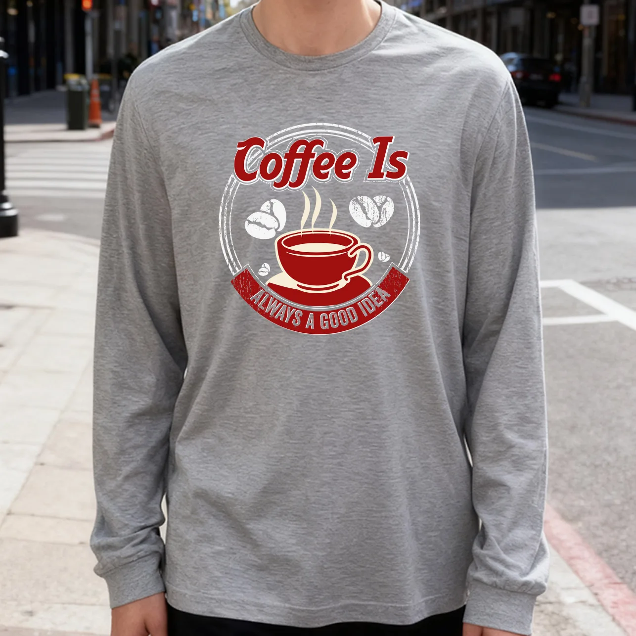 Coffee Is Always a Good Idea Men's Long Sleeve T-Shirt 180g 100% Cotton Printed Crew Neck Casual Daily Wear Soft and Breathable