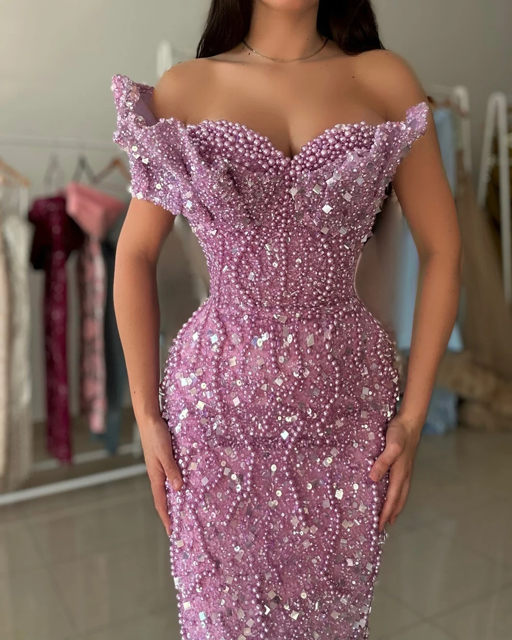 

Mermaid Luxury Pearls Evening Dresses Arabic Shiny Sequin Beading Off Shoulder Formal Party Prom Gown Vestido De Gala Customized