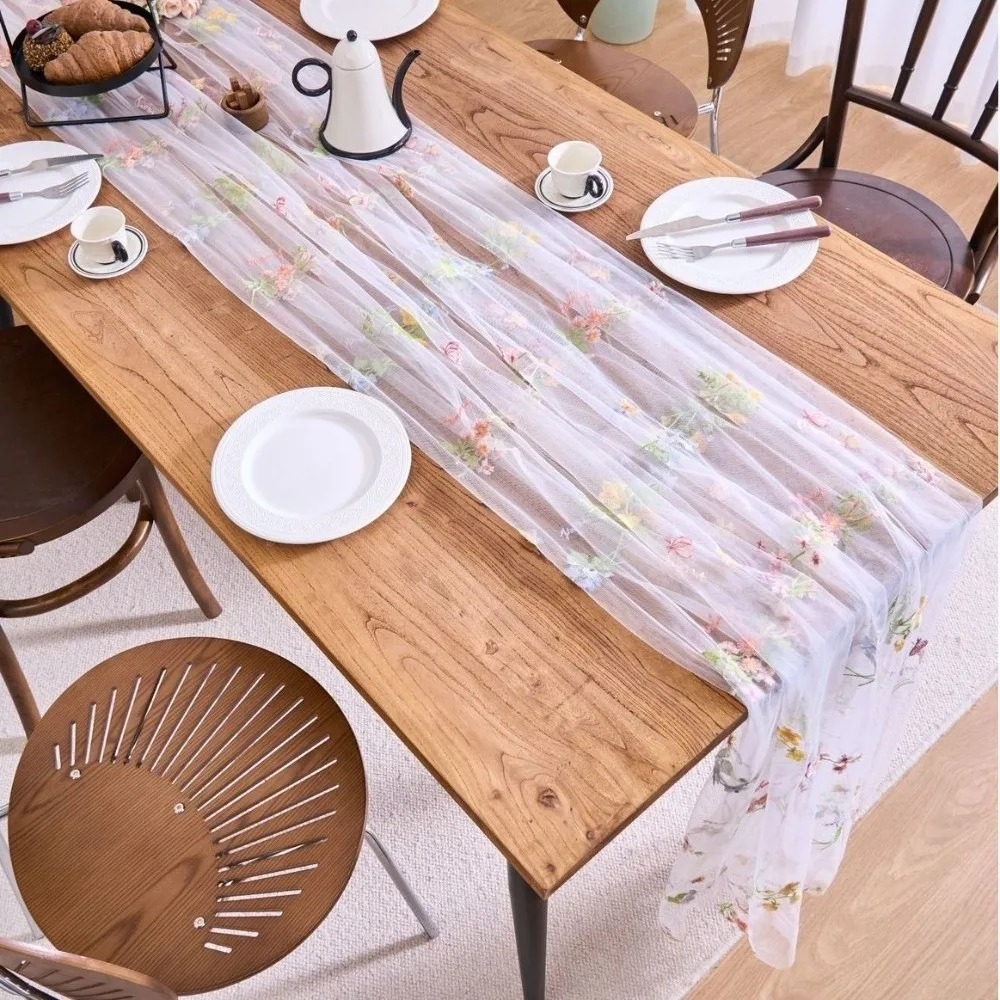 French Vintage Embroidered Floral Table Runner Fresh Color Semi-Transparent Lace Table Flag Romantic Tulle Table Runner Wedding
