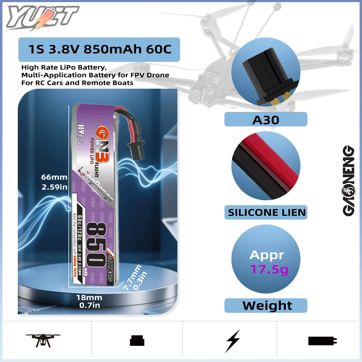 

YUCT GAONENG GNB 1S Rechargeable Lipo Battery 3.8V 850mAh 60C For Tiny Whoop FPV Quadcopter Drone Aircraft Helicopter