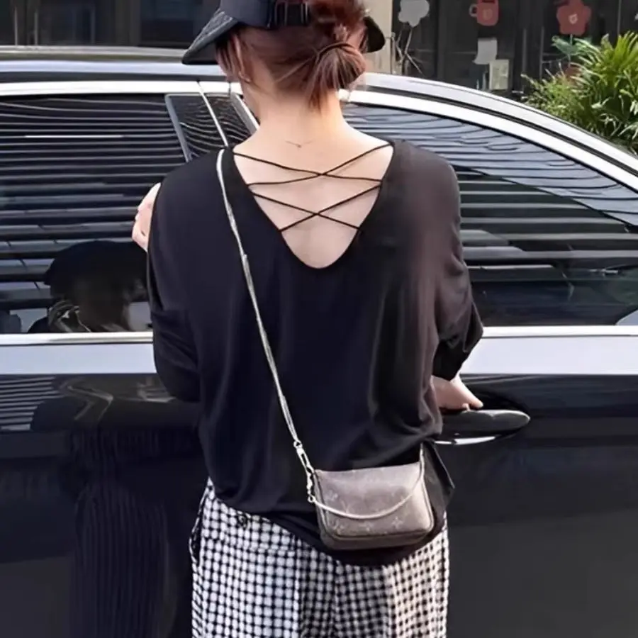 Camisetas de manga larga para mujer, Tops minimalistas de algodón, ajuste relajado, tela suave, cómoda, de gran tamaño, ropa de calle Retro diaria de primavera