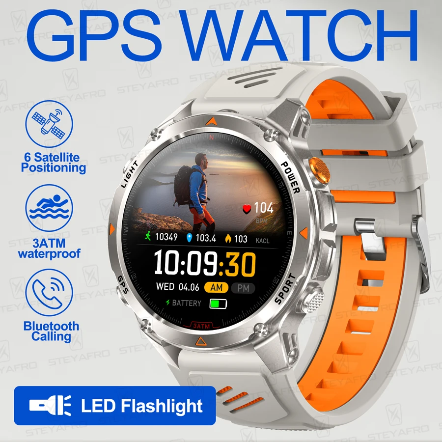 Military Outdoor Sports GPS Smartwatch LED Flashlight, 540MAH Battery, 3ATM Waterproof Compass, Bluetooth Call For Android iOS