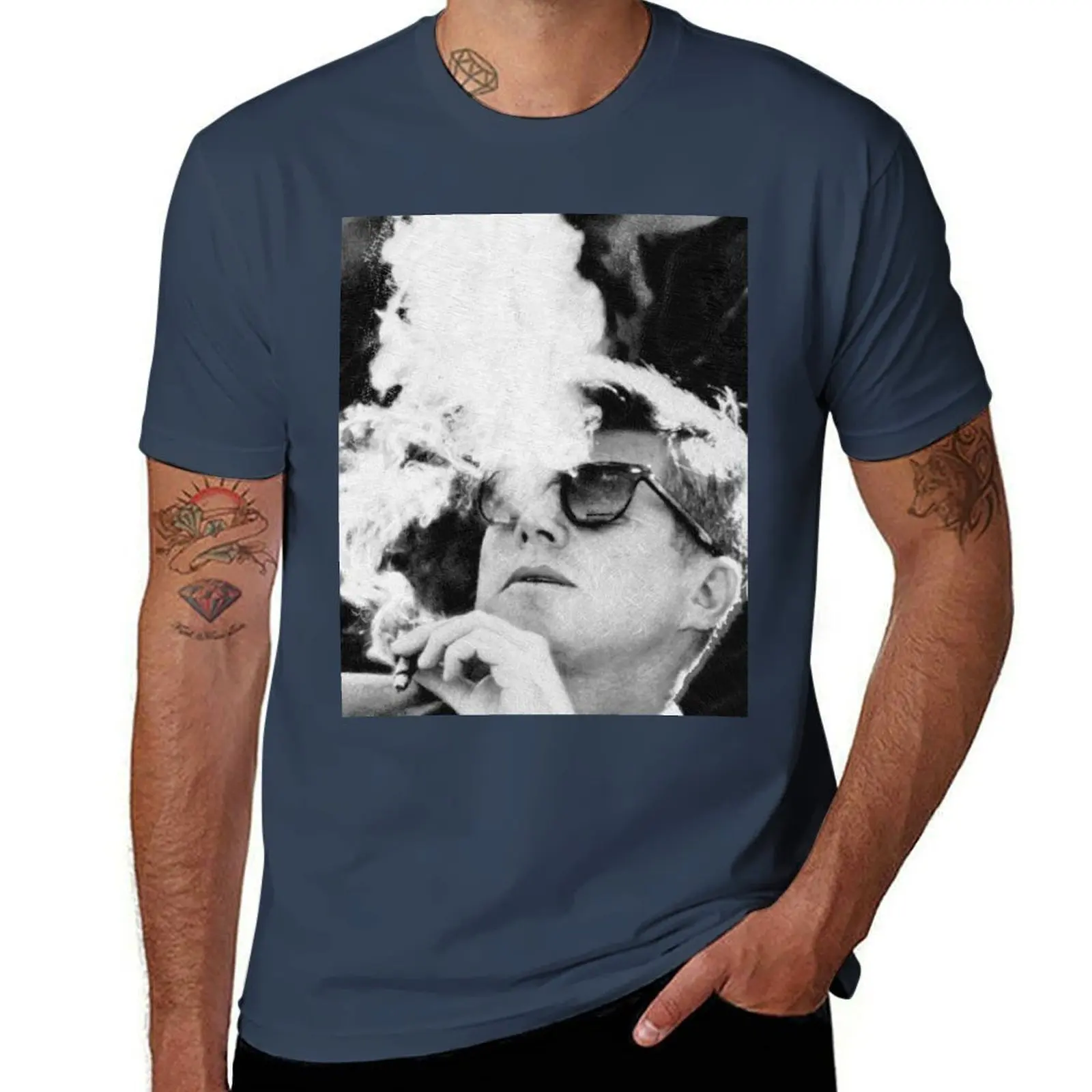 

John F Kennedy Cigar And Sunglasses Black And White JFK T-Shirt Stain Resistant Casual Tee