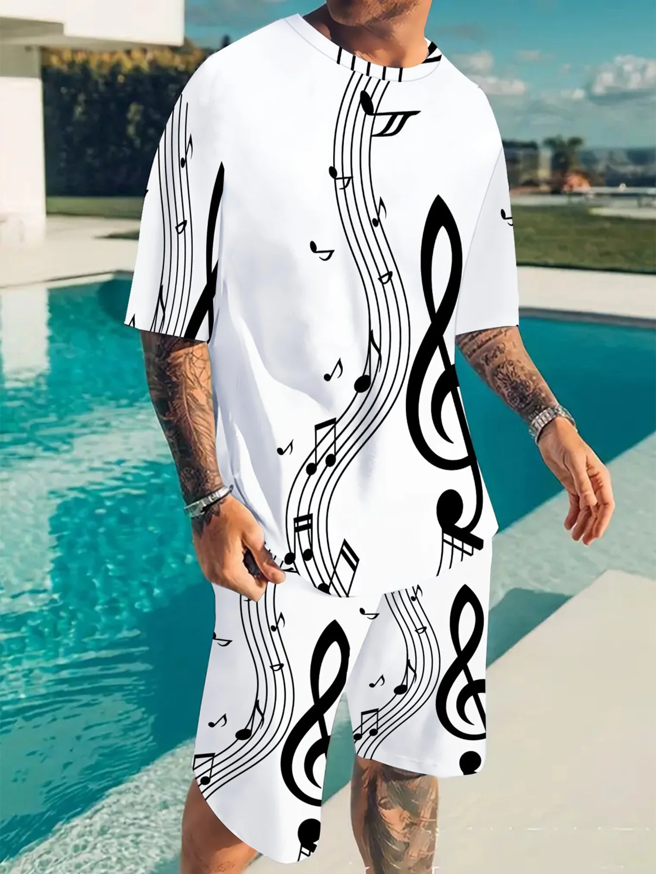 

2026 Summer New Men's Short-Sleeved Set with 3D Trendy Note Print for Casual Street Style Fashionable Comfortable and Soft