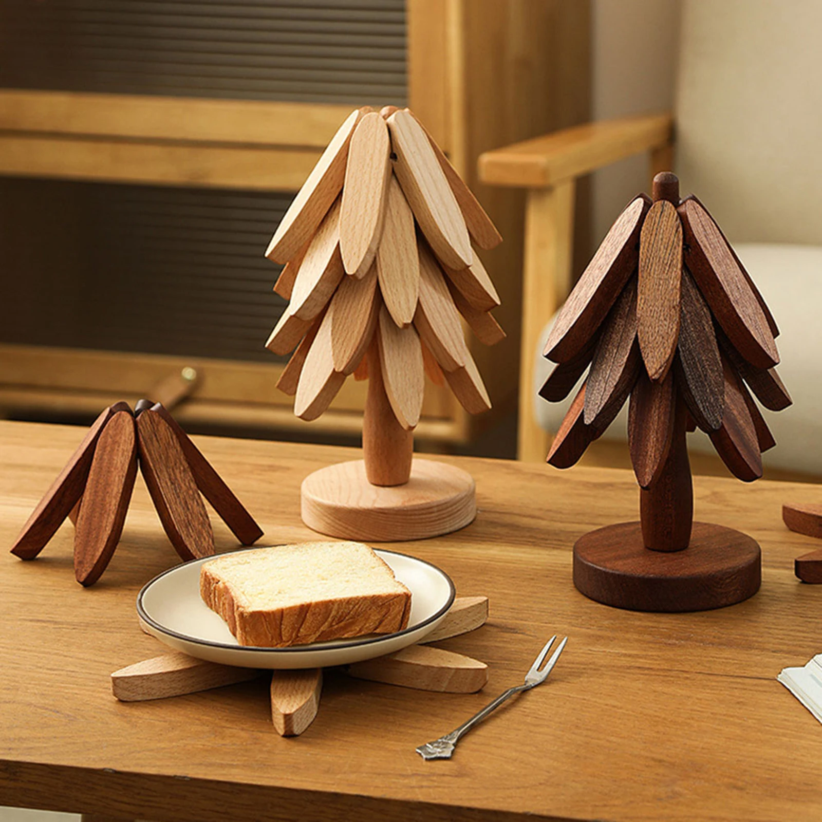 4 قطعة ركائز خشبية للأطباق الساخنة أضعاف شجرة شكل الجوز الجدول حصيرة أصحاب الحرارة معزول وسادة مجموعة الوقايات للأواني مكافحة تحرق