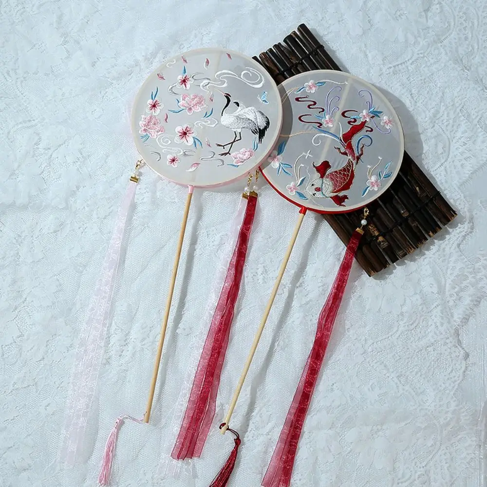 Classical Chinese Style Round Fan Embroidered Semi-transparent Long Handle Silk Fan With Tassel Vintage Hanfu Hand Fan