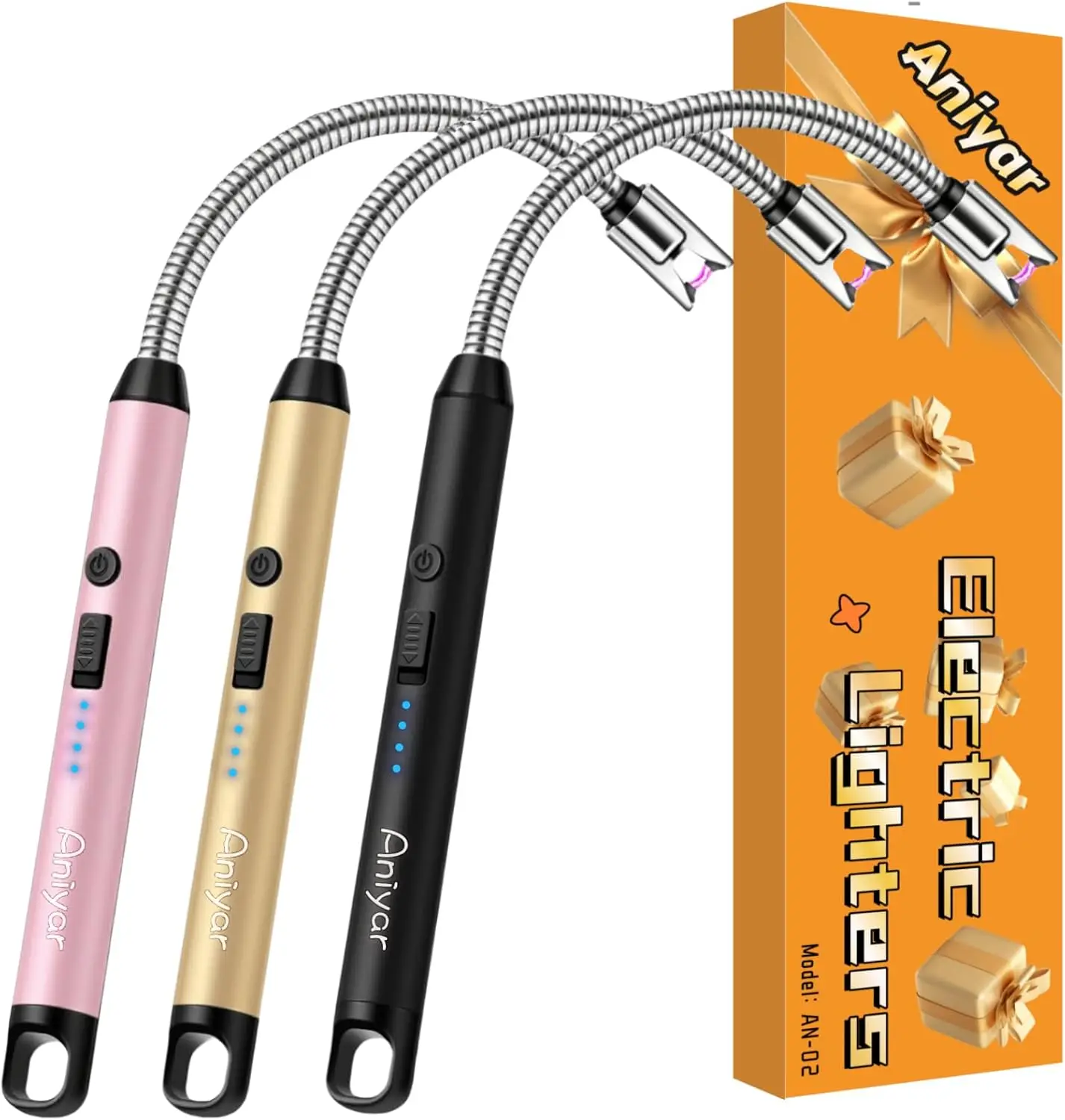 

3-Pack USB Rechargeable Arc Lighter with Flexible Neck, LED Display, Safe for Candles Camping BBQ Gifts