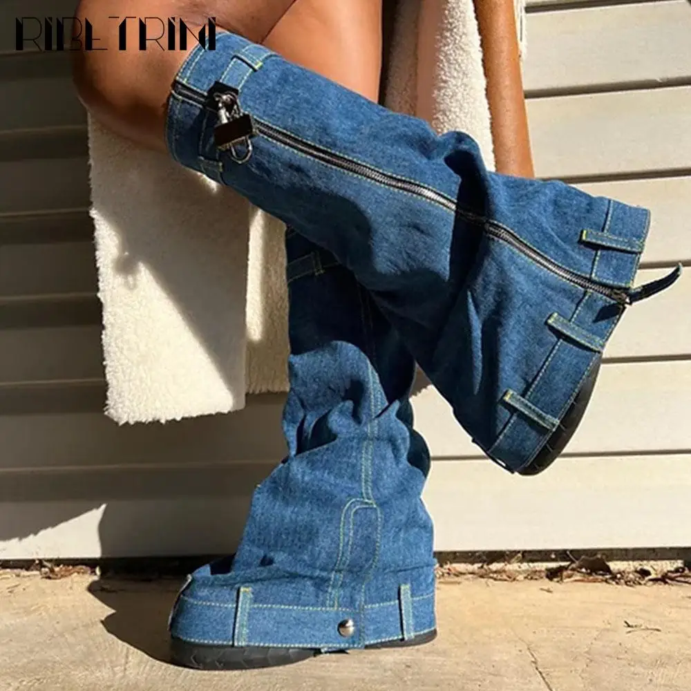 Padlock Fold Over Platform Women Knee High Boots Metal Zipper Denim Fashion 2023 Brand New High Heel Designer Street Cool Shoes