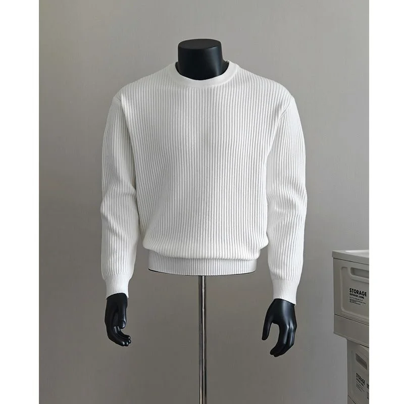 

New Sle Knitted ort Sve Men's T-irt Small Collar Winter Base Layer Vertical Stripes American Retro Trend Polyester F...