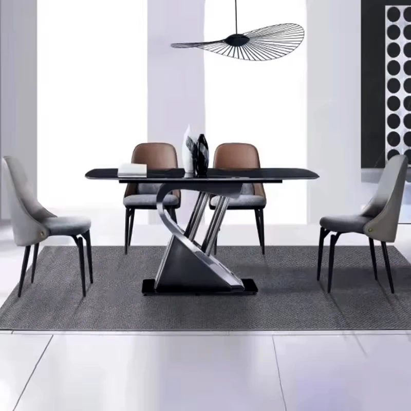 km-High-End Rock Plate Stainless Steel Dining Table Light Luxury Villa Living Room Super Crystal Stone Rectangular Dining Table%