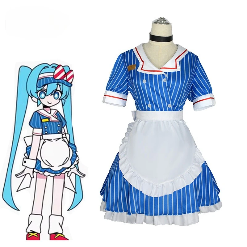 

Hatsune Miku Cosplay Costumes Mesmerizer Uniform lady Striped Maid Dress Hat Apron Suit Halloween Christmas Carnival Party Dress