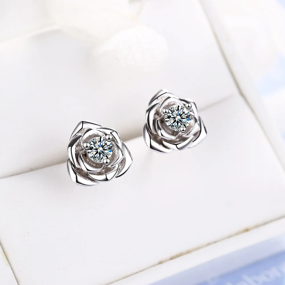 New 925 Sterling Silver Rose Flower Earrings 5A Zircon for Women Luxury Wedding Jewelry Elegant Female Accessories Fashion Gift
