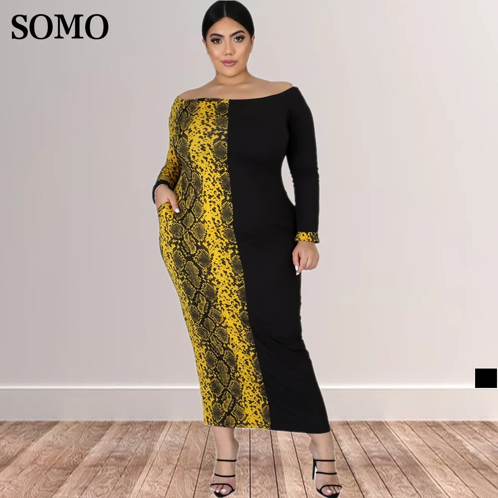 2022 Spring Fashion Printed Maxi Dress Long Sleeve Sexy Off Shoulder Plus Size Women Clothing Wholesale Dropshipping