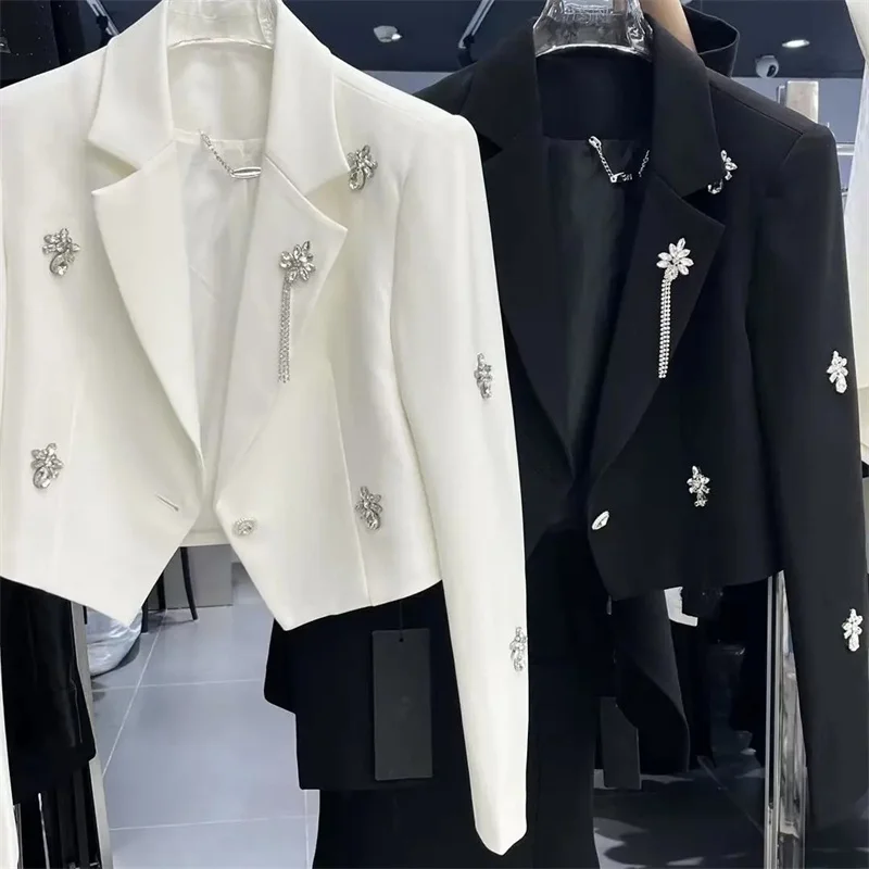 Traje de manga larga para mujer, abrigo corto con diseño Sense, industria pesada, cuentas tachonadas de diamantes, hombros anchos, traje Irregular, primavera