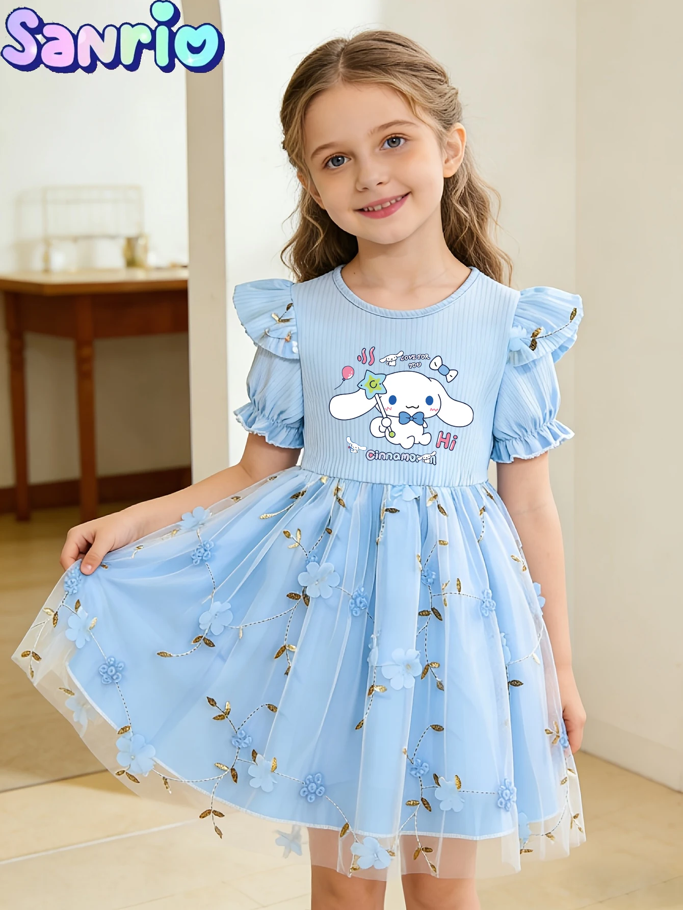 

Cinnamoroll Princess Kids Outfit, European Style Girls Tulle Ball Gown, Blue 3D Floral Layered Mesh Tutu Dress for Birthday Part