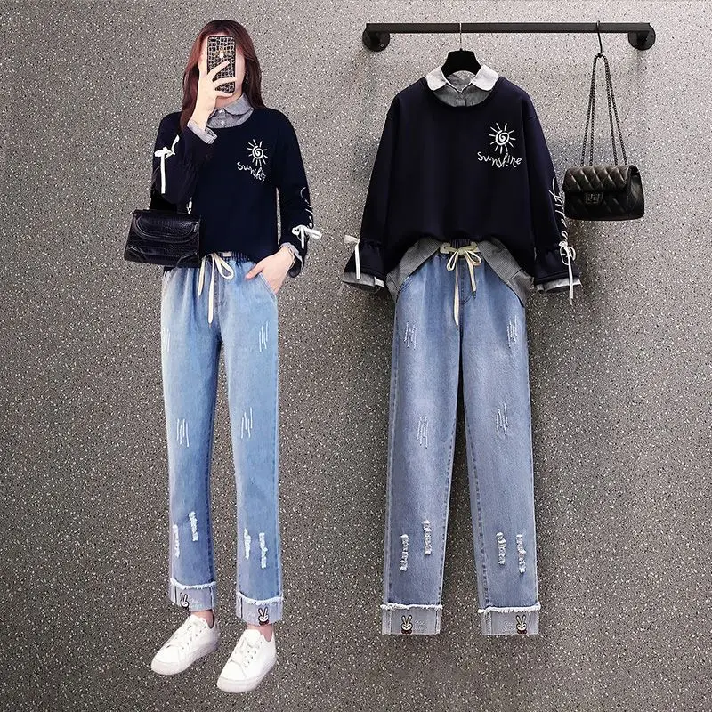 Oversize Women's Wear New Fashion Women's Slim Fake Two Piece Bodysuit and Broken Jeans Two Piece Set in Autumn 2022