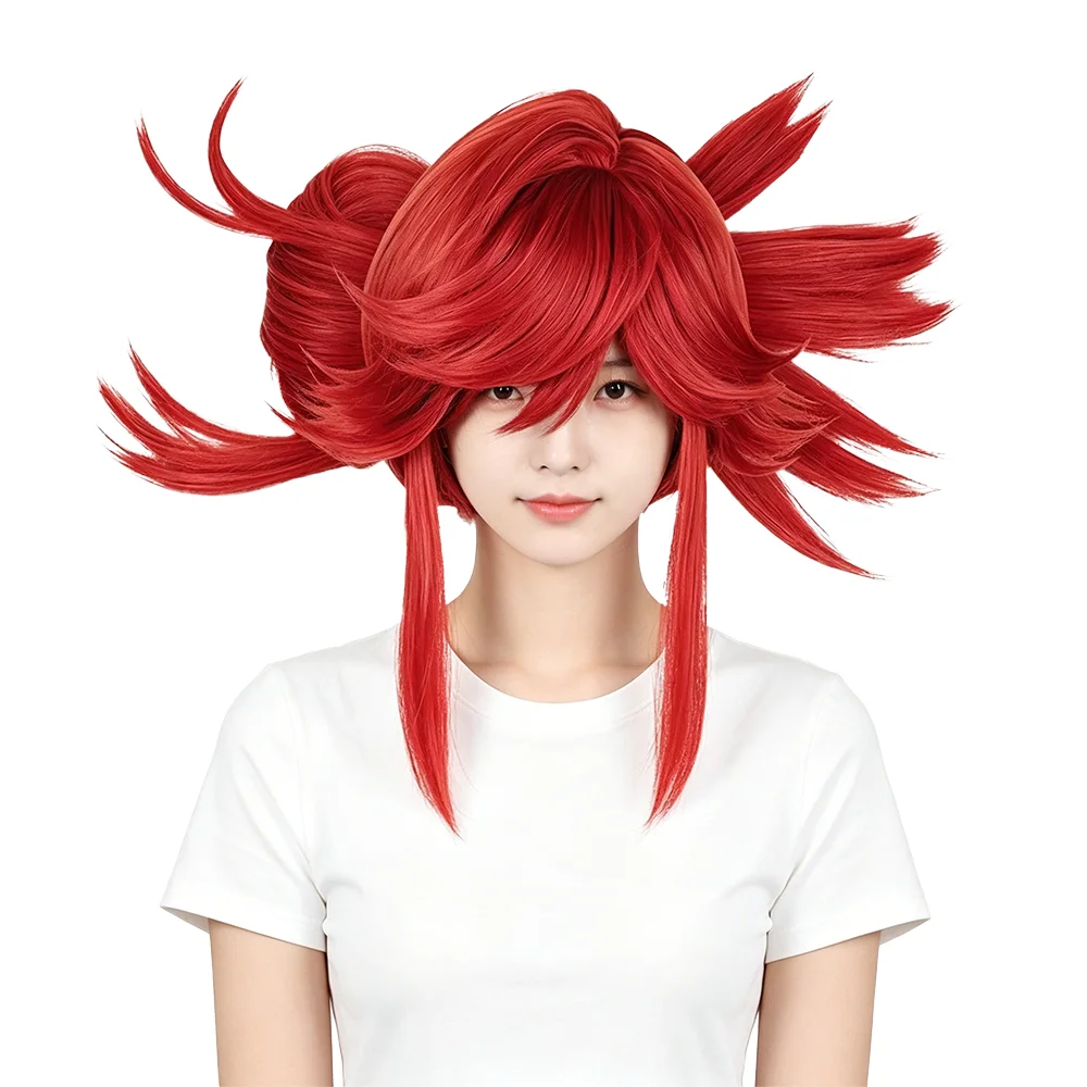 

Riyou Rippa Cosplay Wig Bright Red Anti-Gravity Detachable Duckbill Clip Bun Heat Resistant Spiky Wig Halloween Anime Party