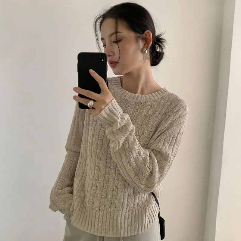 

Knitted Pullover Women's 2024 Autumn New Round Neck Long Sleeve Casual Sweater Rayon COTTON Sueter Mujer Invierno