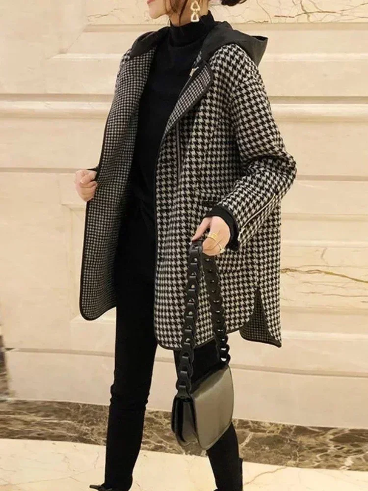 Giacche per le donne primavera autunno nuova moda coreana impiombata capispalla con cappuccio Plaid cappotto da donna sciolto abbigliamento femminile Casual