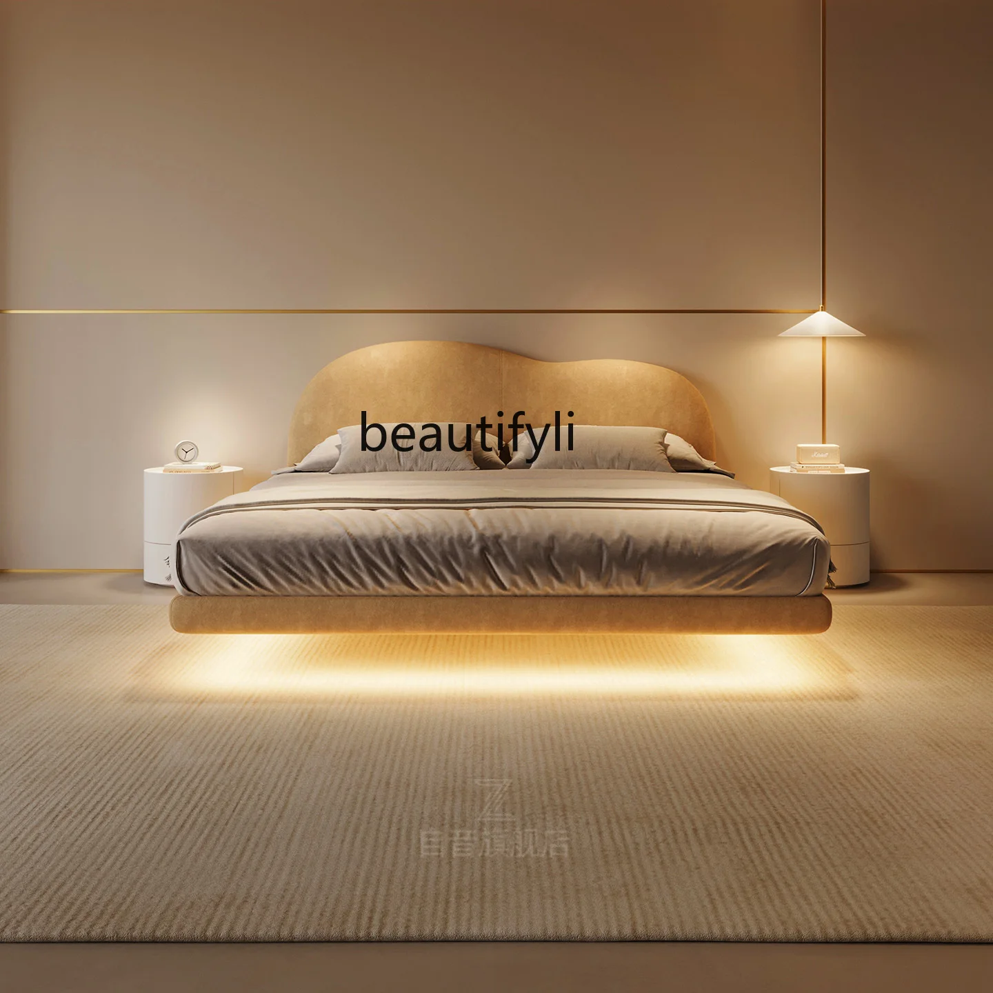 

Wabi-Sabi Cloud Wave Floating Bed Fabric Simple Modern French Master Bedroom Creative