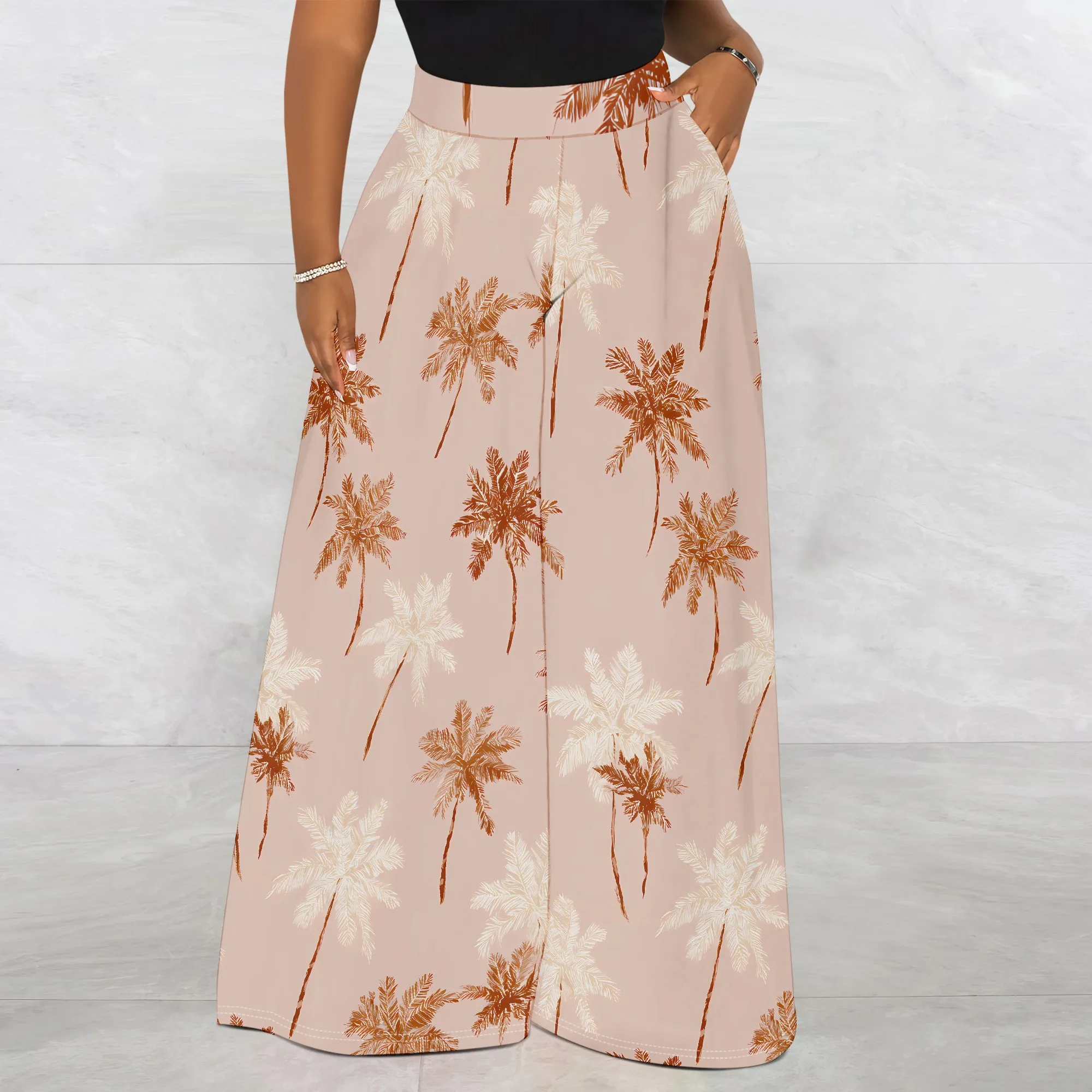 Tropical Print Wide Leg Pants, Palm Tree Pattern Trousers, High Waist Loose Fit, Casual Beach Vacation Wear, S-2XL