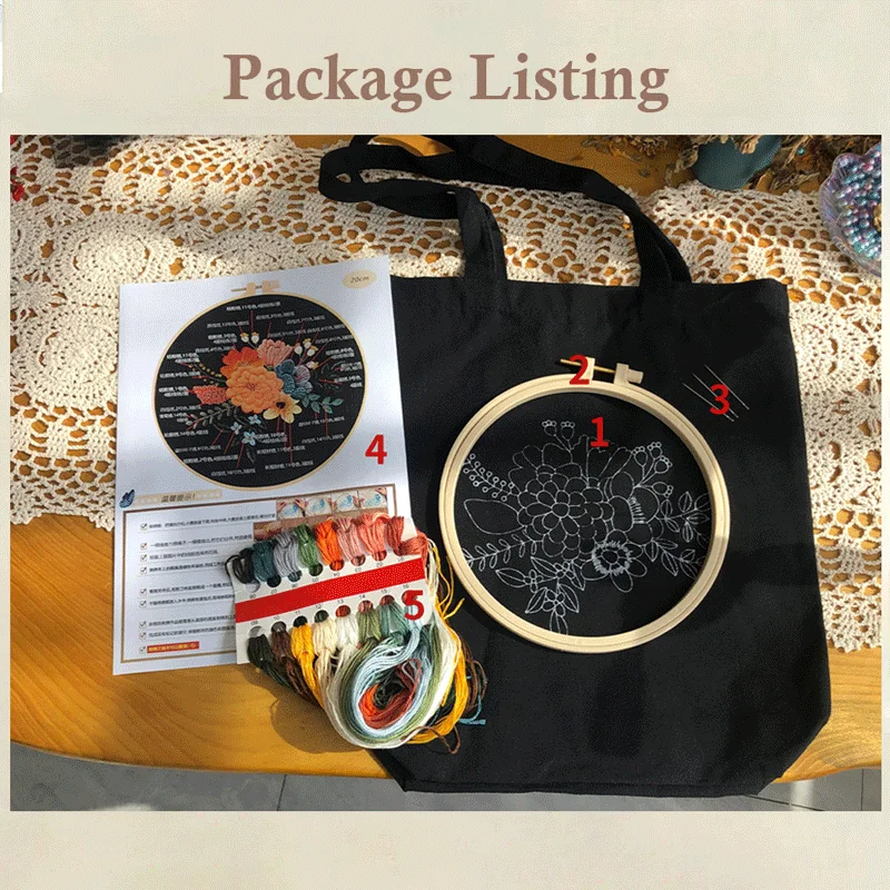 DIY Embroidery Starters Kit Plant Flower Pattern Water-soluble Printing Canvas Storage Bag Embroidery Hoop Threads Needles