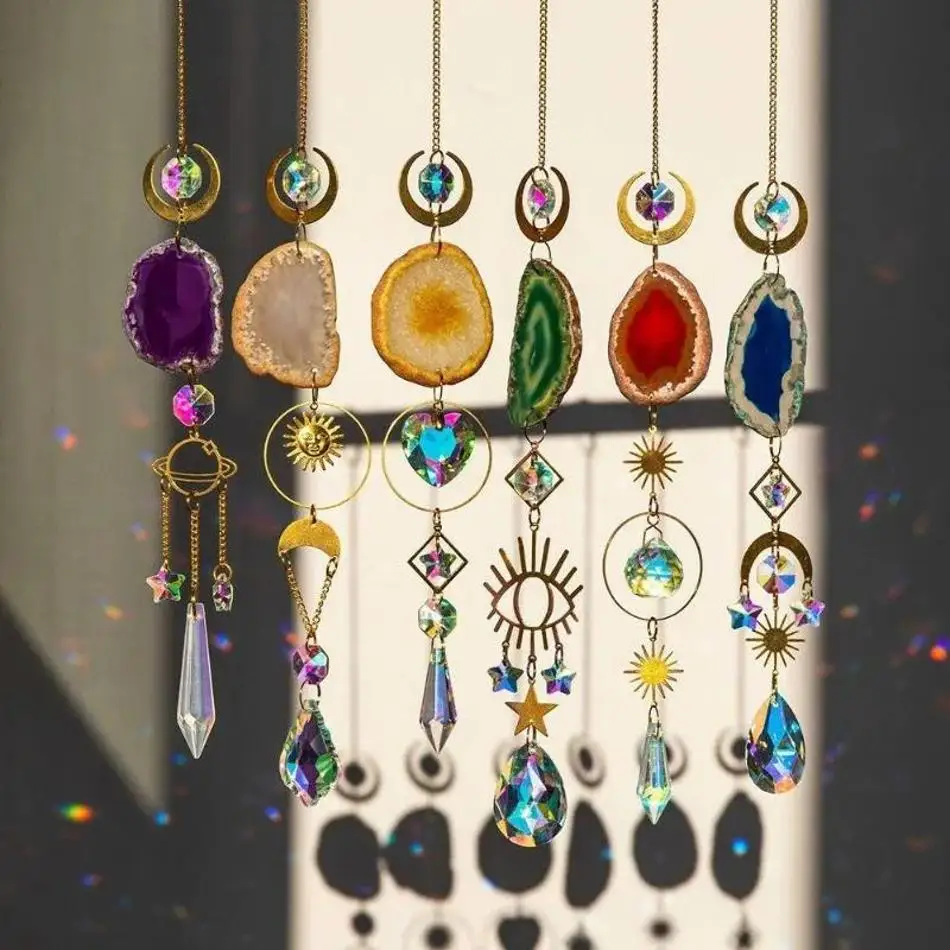 1 Pcs Crystal Prism Ball with Agate Slices Window Prisms Suncatcher Clear Wind Chimes Hanging Ornaments
