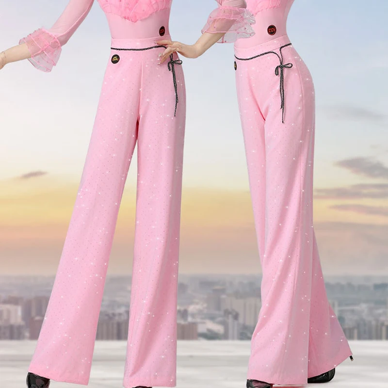 여성 라틴 댄스 바지 현대 댄스 핑크 하이 웨이스트 다이아몬드 바지 볼룸 탱고 삼바 바지 공연 의상 DN20749