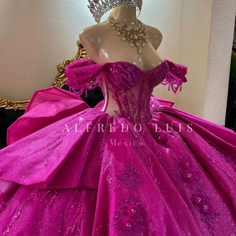 Rose Red Shiny Off The Shoulder Crystal Beading Ball Gown Quinceanera Dresses Appliques Lace Beads Bow Tull Ribbons Corset Vesti