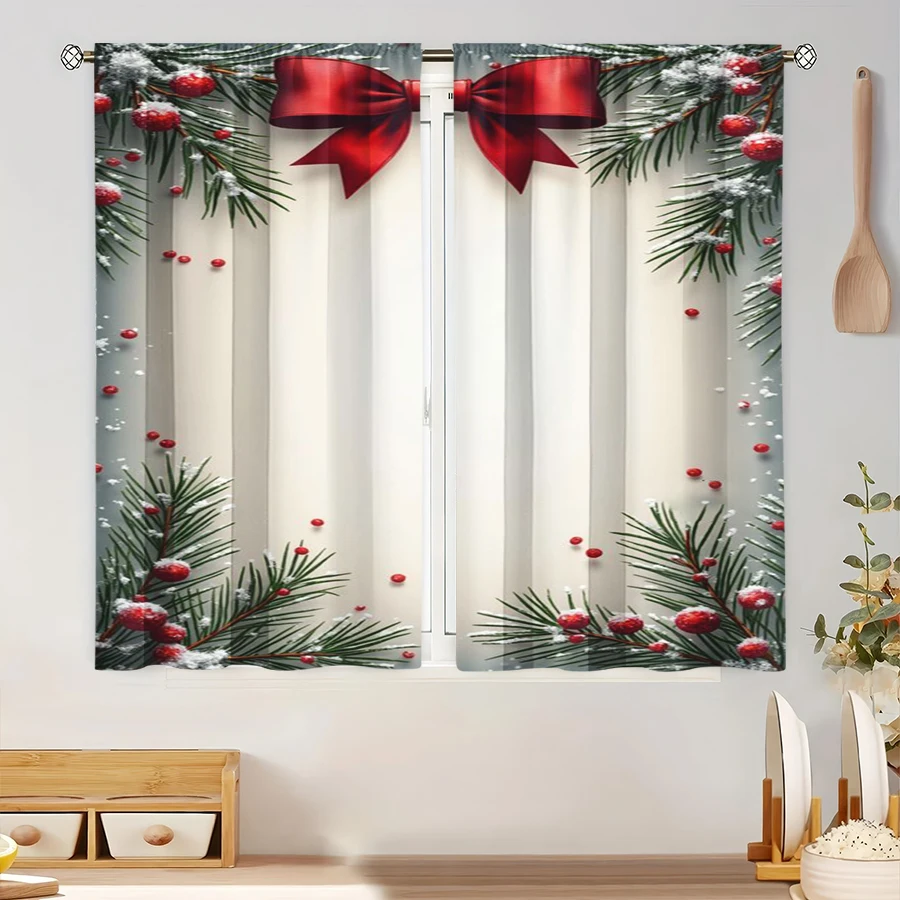 2PCS Digital Print Curtain, Pine Branches with Red Berries and Big Red Bow, Snowy White Background, Minimalist, for Window Decor