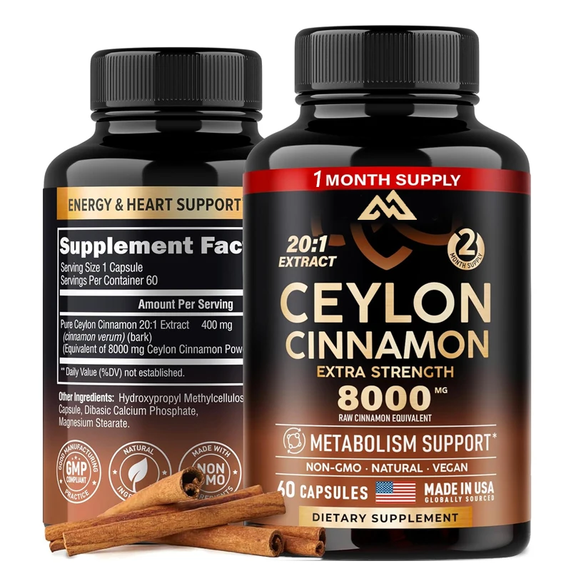 

Ceylon Cinnamon Capsules -8000 milligrams, metabolism support pure natural extract 20:1 supplement -60 vegetarian capsules