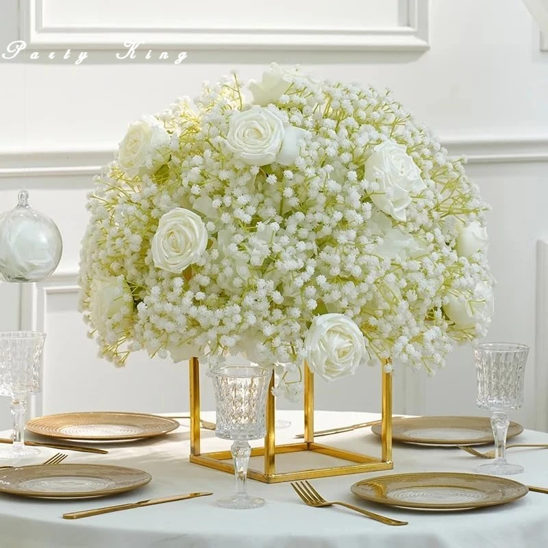 Luxury White Rose Baby's Breath Wedding Table Centerpiece Floral Ball Decor Church Banquet Arrangement Event Stage Props