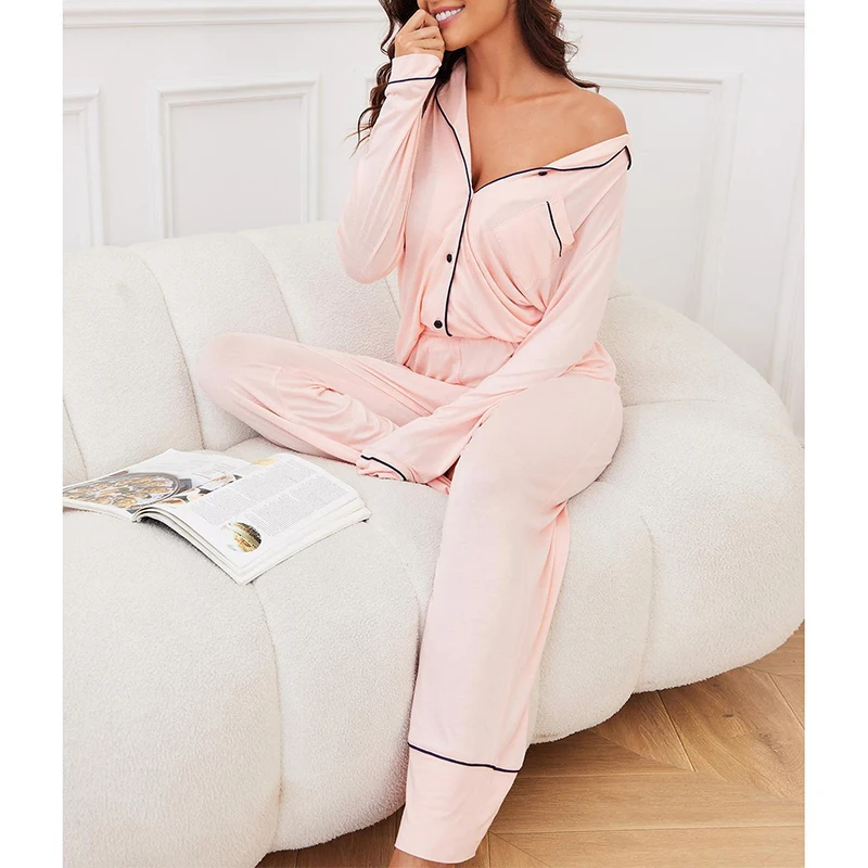 Autumn Solid Home Clothes Cardigan Modal Long-sleeved Tops&Long Pants Trousers Sets 2Pcs Women\'s Pajamas Sleepwear Nightwear