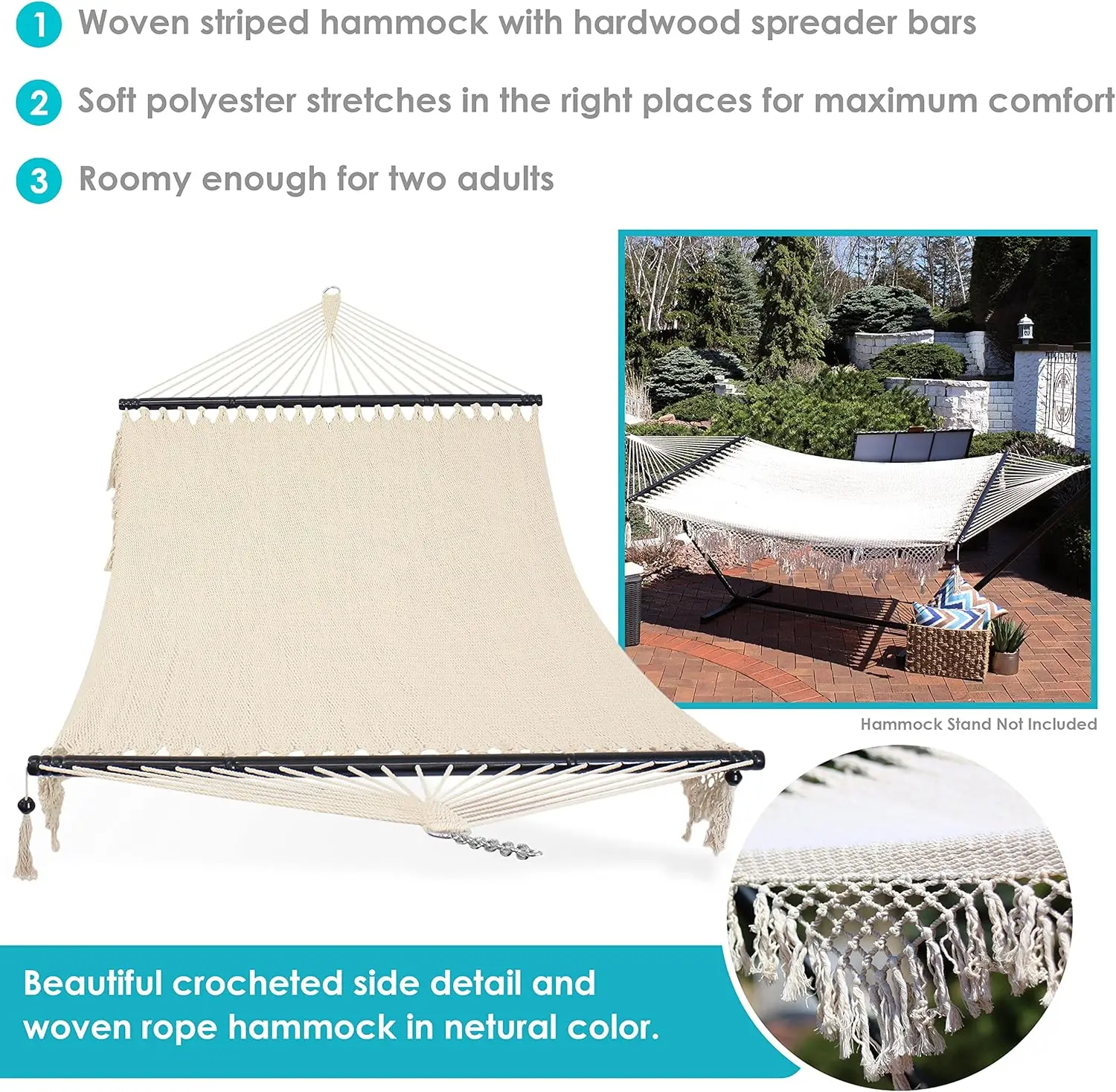 Outdoor Woven Double Hammock with Crocheted Edges and Spreader Bars, 600-Pound Capacity, for Trees