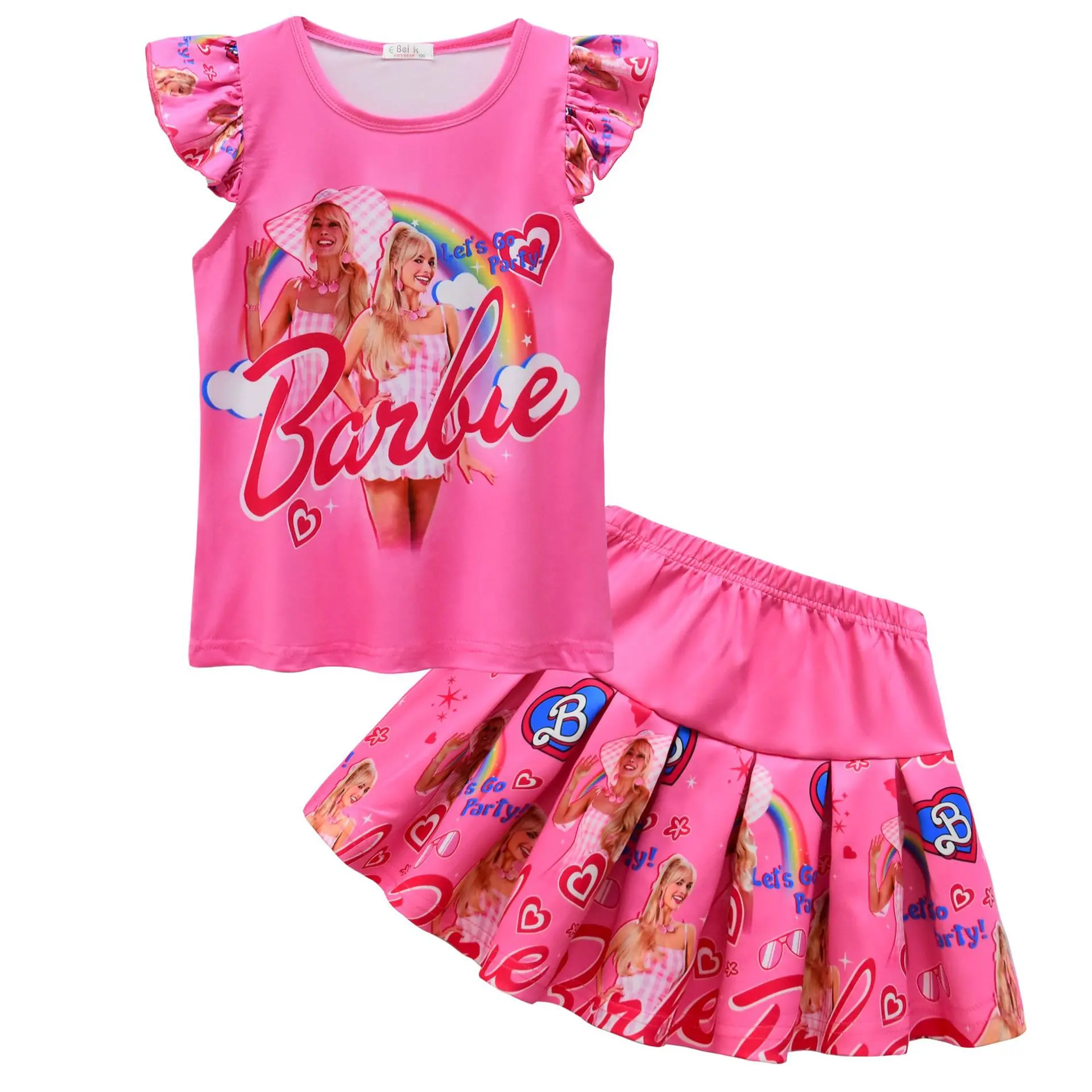 European American Cartoon Barbie Girls T-Shirt Pleated Skirt Set Comfortable Cute Sleeveless Princess Skirt Two-Piece Set