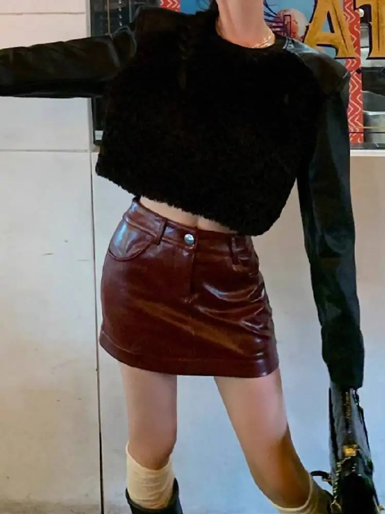 Women's PU Leater Skirts Autumn Winter Plus Size Retro High Waisted PU Leather Mini Skirt Sexy Y2K Bodycon Skirt Slimming