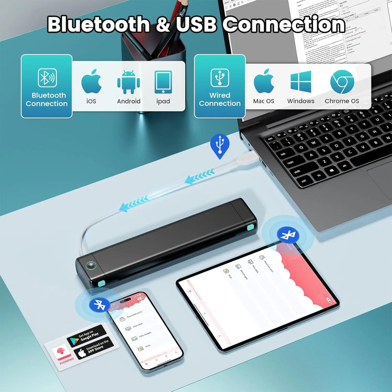 US Letter Phomemo M08F Mini A4 Portable Thermal Printer A4 Wireless Mobile Mini Printer For Small Business