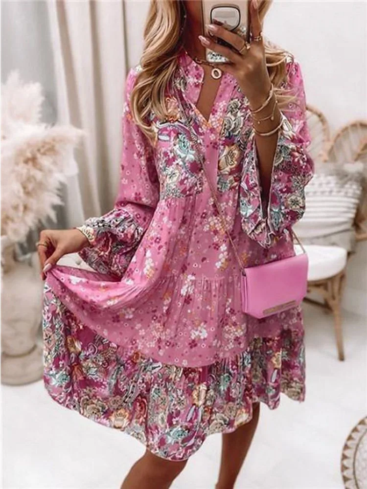 Floral Dress for Women 2024 Summer Oversize Elegant Long Sleeve Casual Dresses Female Loose Bohemian Beach Holiday Dresse New